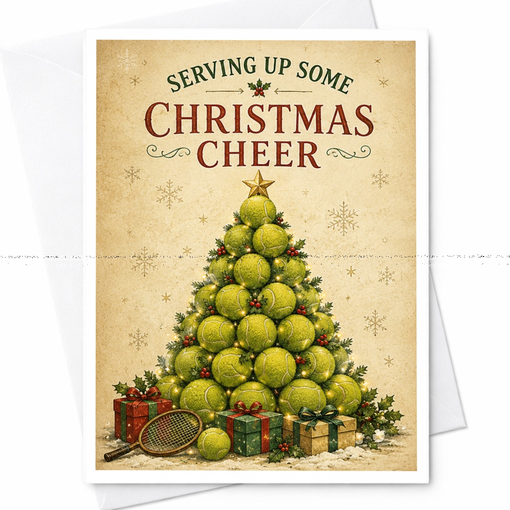 Serving Up Some Christmas Cheer Tennis Ball Christmas Card Sports Lover Holiday Greeting Card Festive Tree C6185
