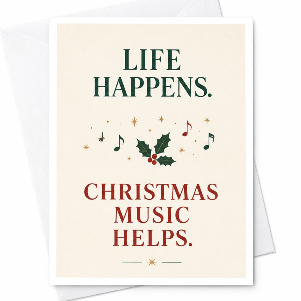 Life Happens. Christmas Music Helps. Funny Christmas Card Holiday Greeting Card For Music Lover Cute Festive Card C6187