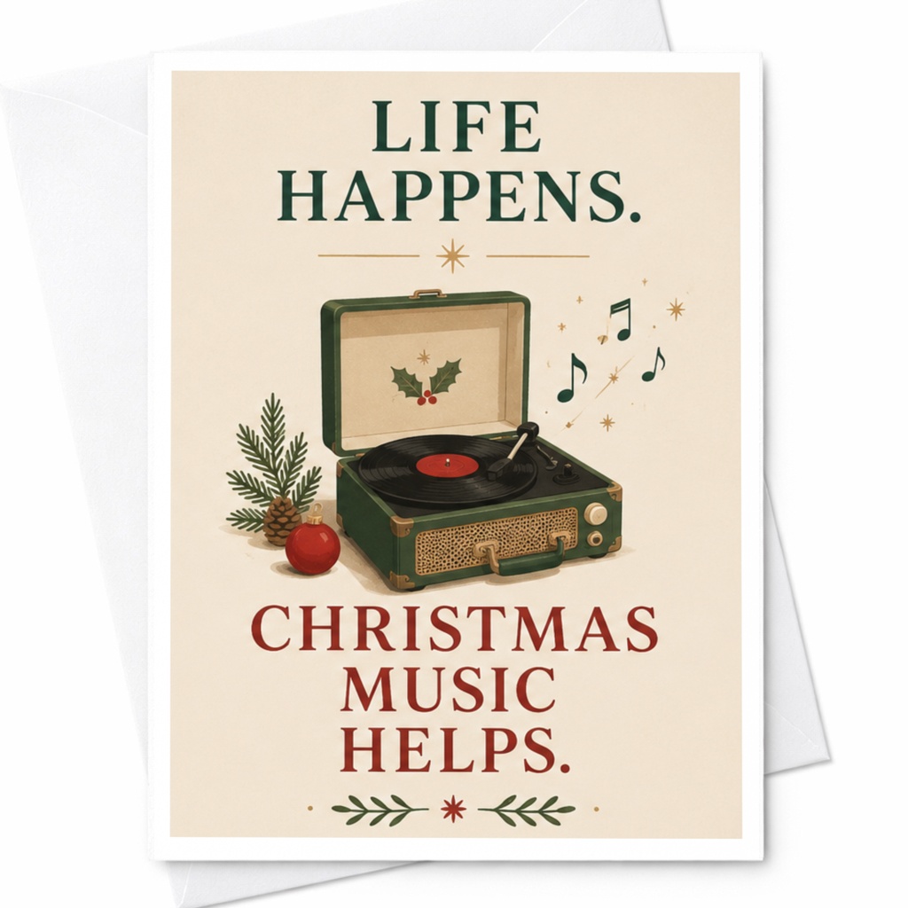 Life Happens. Christmas Music Helps. Christmas Card Festive Holiday Greeting Card Vintage Record Player Music Lover C6188