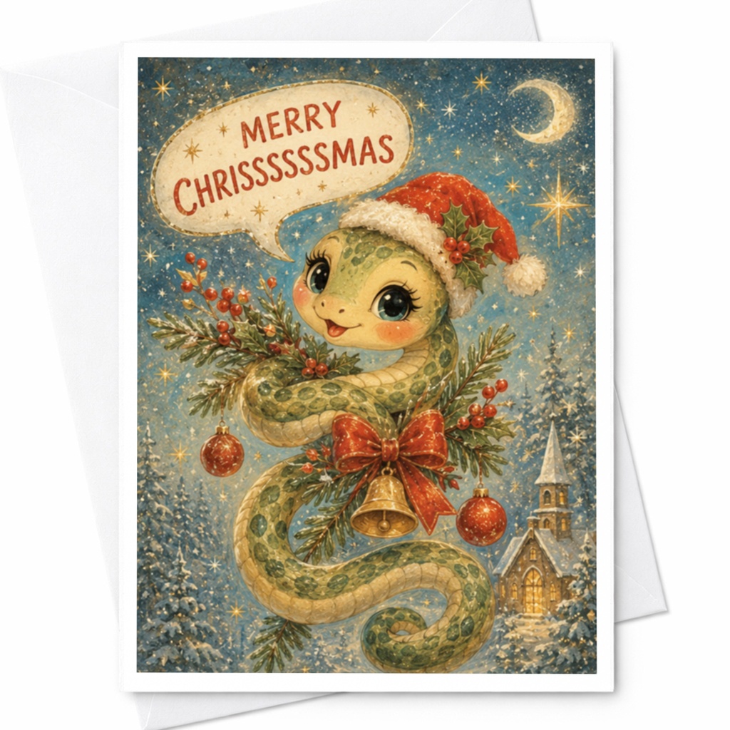 Merry Chrissssssmas Cute Christmas Card Snake With Santa Hat Holiday Greeting Card For Kids Animal Lover Festive Card C6190