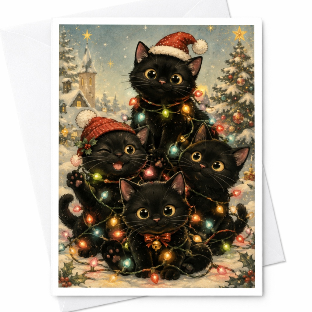 Black Cats Christmas Card Cute Holiday Greeting Card For Cat Lover Festive Winter Scene Adorable Cats With Lights C6195