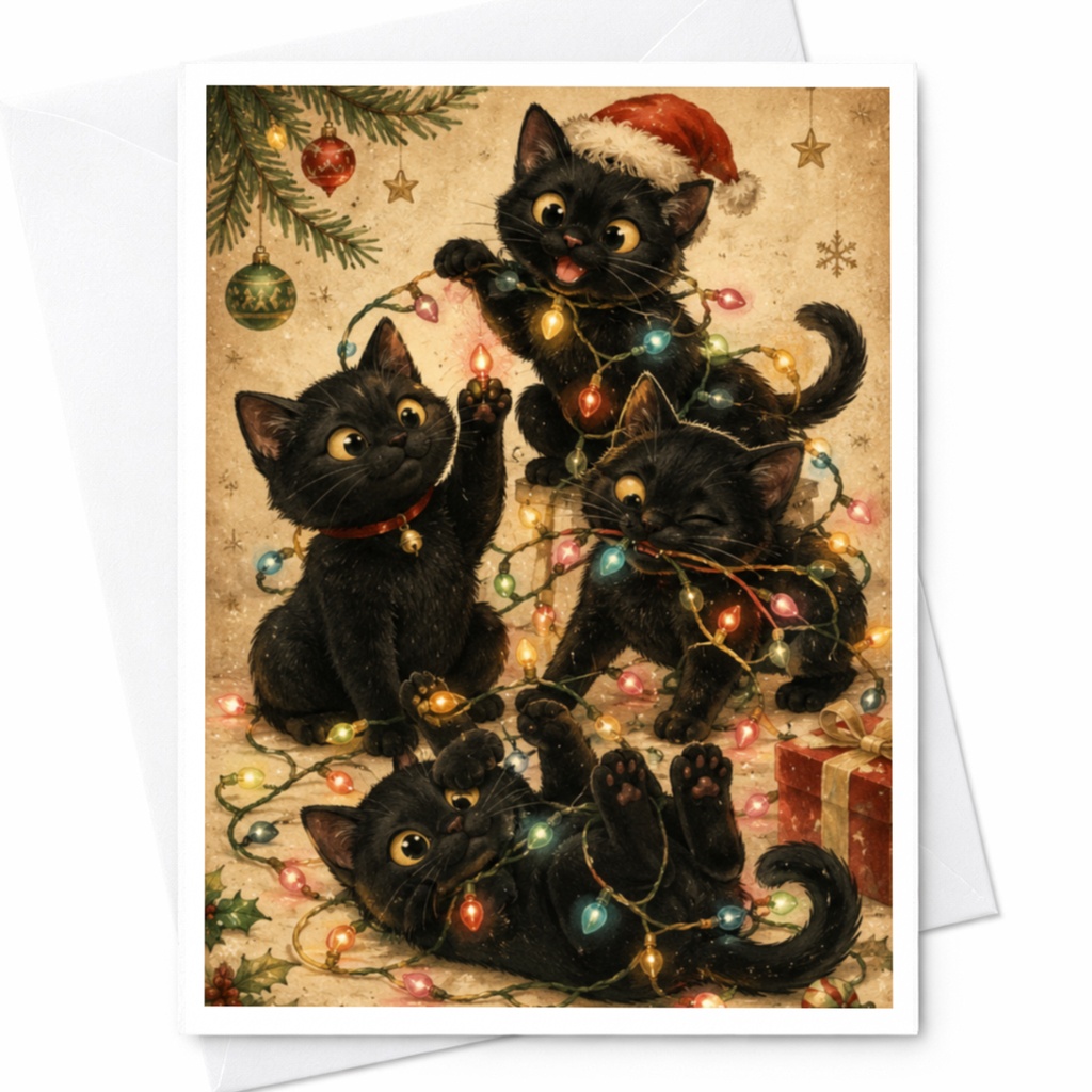 Playful Black Cats Christmas Card Cute Holiday Greeting Card For Cat Lover Festive Animal Card With Lights And Santa Hat C6196
