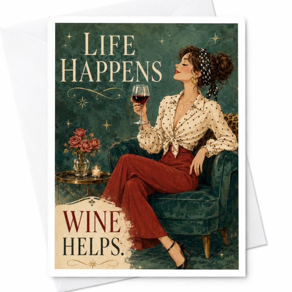 Life Happens Wine Helps. Funny Greeting Card Everyday Card For Her Wine Lover Retro Style Relaxation C6198