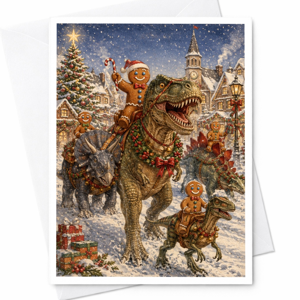 Gingerbread Men Dinosaur Christmas Card Festive Holiday Greeting Card Cute Winter Scene For Kids Family Fun Xmas Card C6203