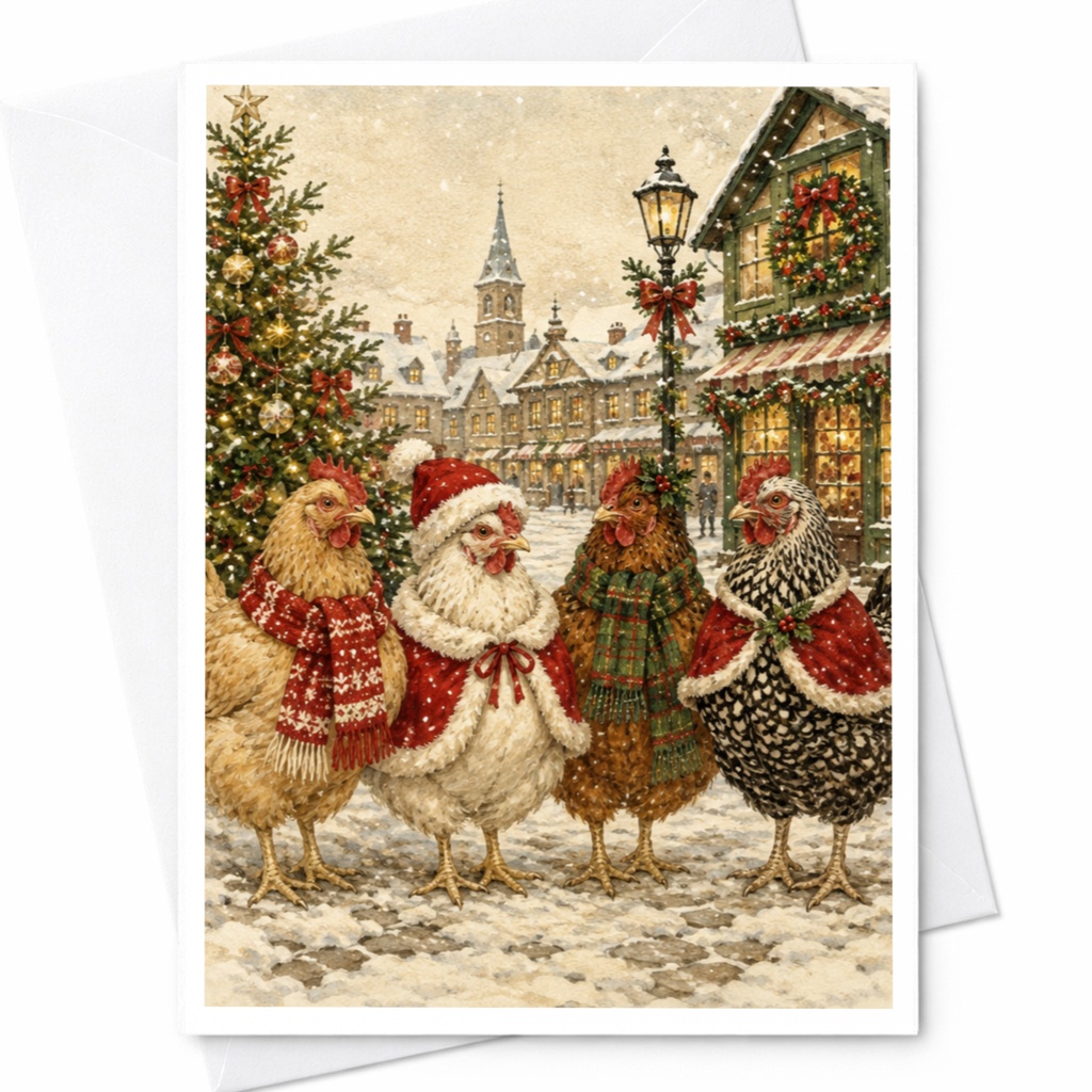 Festive Chickens Christmas Card Cute Winter Scene Holiday Greeting Card For Animal Lover Farmhouse Style Seasonal Card C6207
