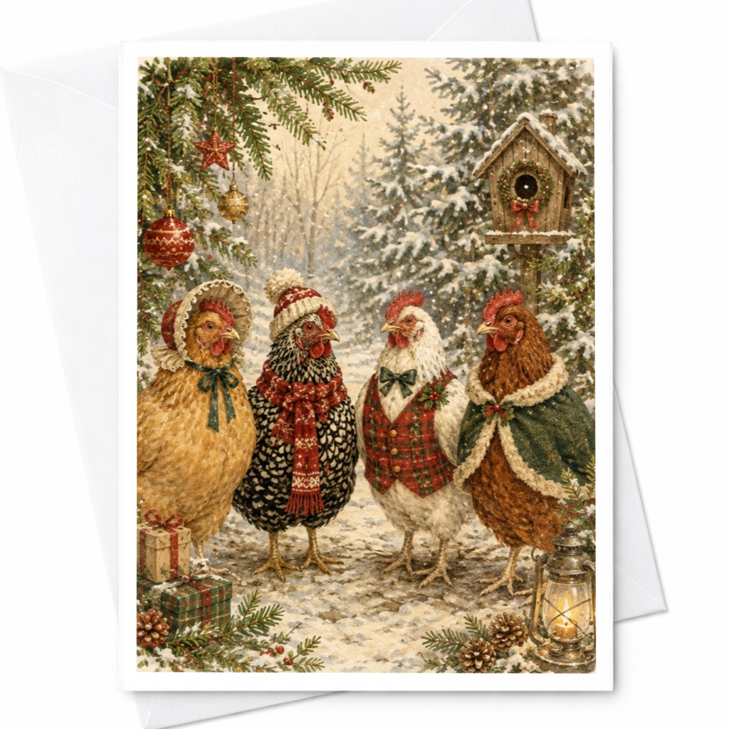 Festive Chickens Christmas Card Cute Winter Scene Greeting Card For Animal Lover Holiday Card With Chickens In Snow C6208