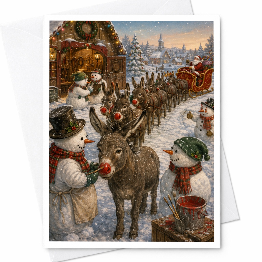 Festive Winter Scene Christmas Card Snowmen Donkeys Santa Sleigh Holiday Greeting Card For Family Cute Seasonal Art C6213
