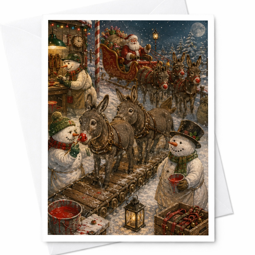 Santa Sleigh Christmas Card Festive Snowmen Holiday Greeting Card Winter Scene For Family Cute Seasonal Illustration C6214