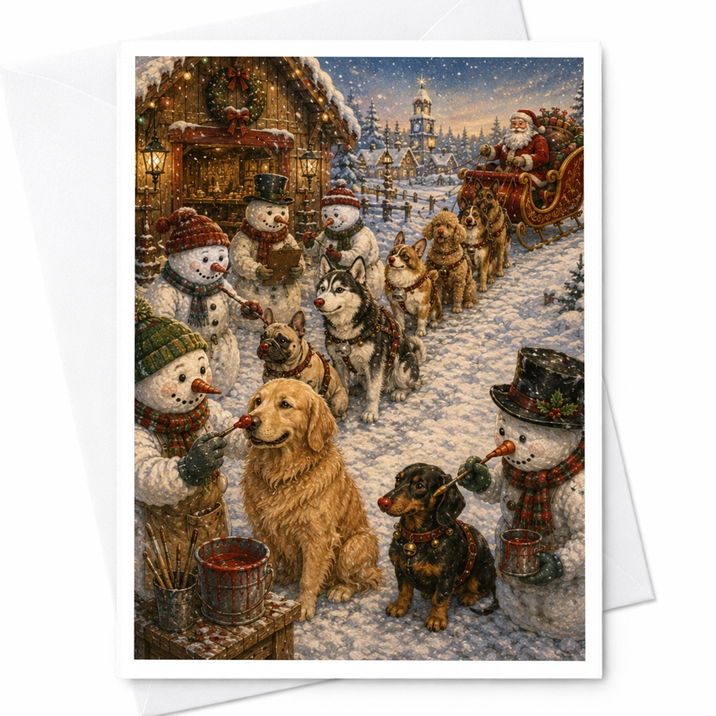 Snowmen Painting Dog Noses Christmas Card Cute Winter Scene Holiday Greeting Card For Dog Lover Festive Snowy Village C6216
