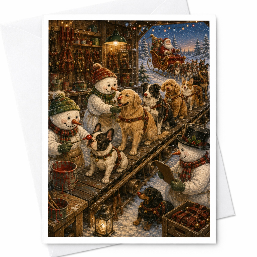 Snowmen And Dogs Christmas Card Festive Holiday Greeting Card Cute Winter Scene With Santa For Dog Lover C6217
