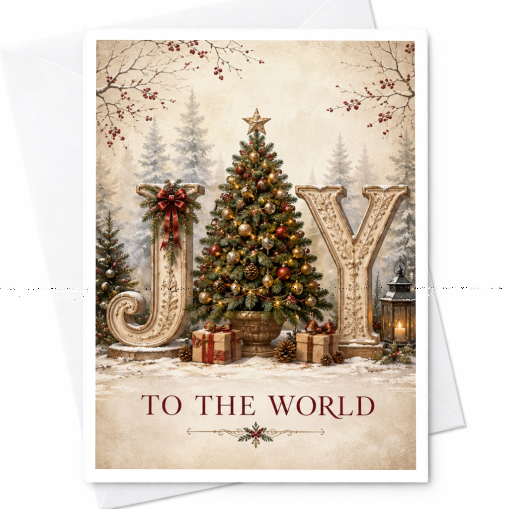 Joy To The World Christmas Card Festive Holiday Greeting Card With Christmas Tree Gifts Seasonal Cheer For Family Friends C6224