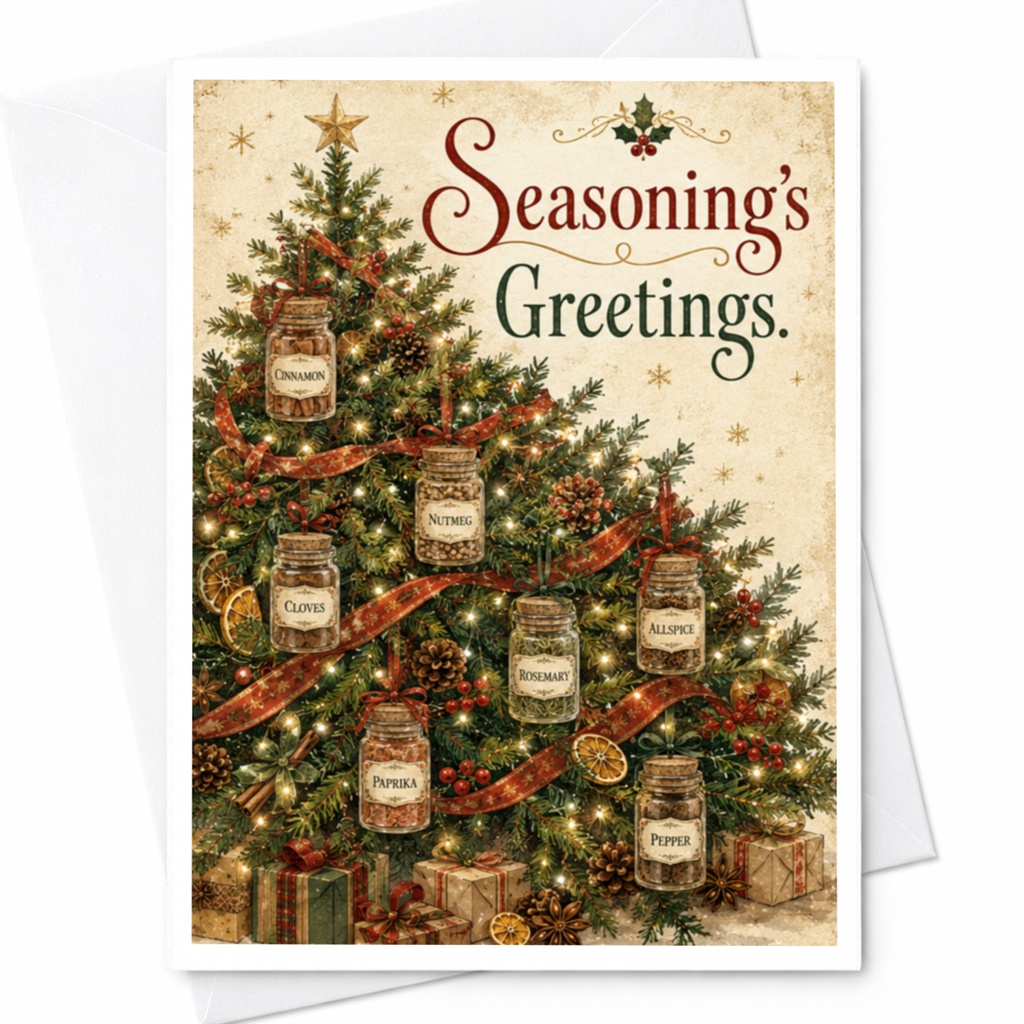 Seasoning's Greetings Christmas Card Funny Holiday Card Spice Jar Tree Festive Greeting Card For Food Lovers C6228