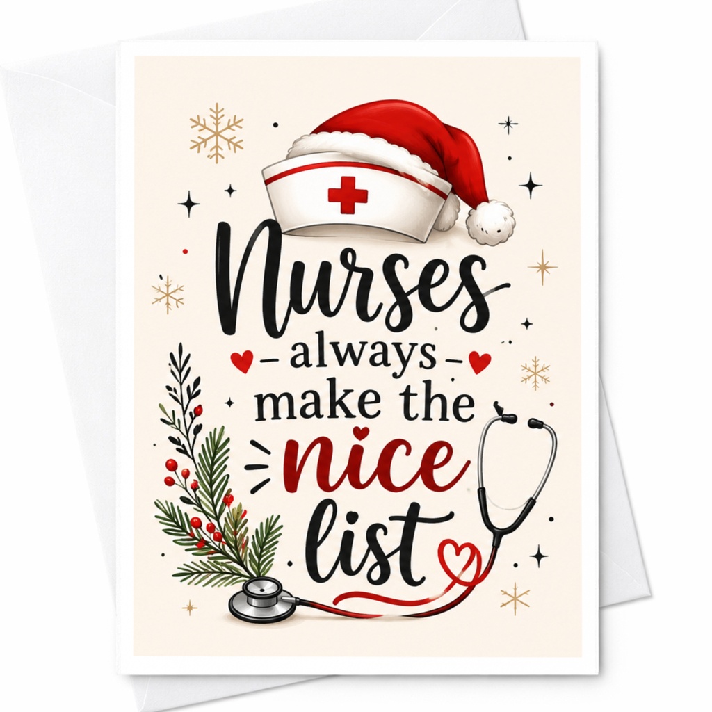 Nurses Always Make The Nice List Christmas Card Holiday Greeting Card For Nurse Cute Festive Card With Santa Hat Stethoscope C6234