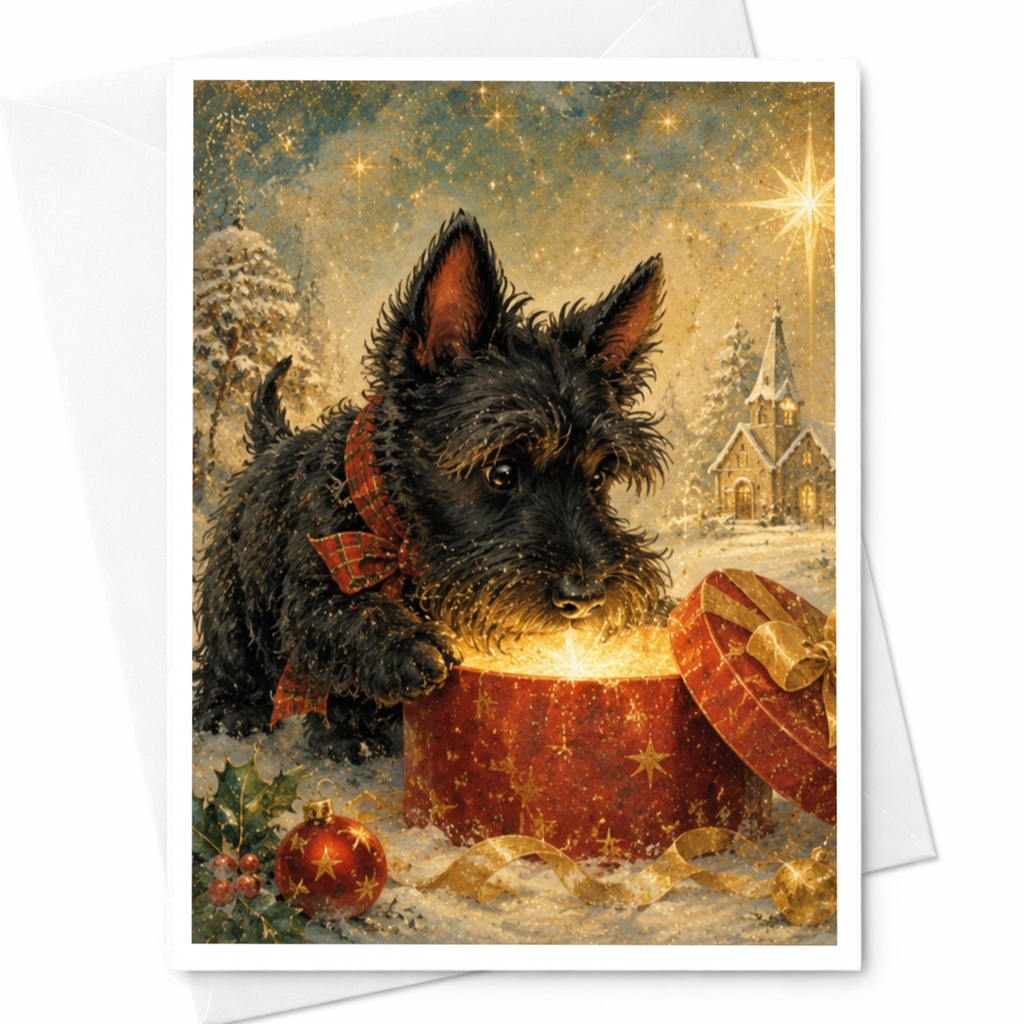 Scottish Terrier Christmas Card Cute Dog Holiday Greeting Card For Dog Lover Festive Winter Scene With Gift Box C6238