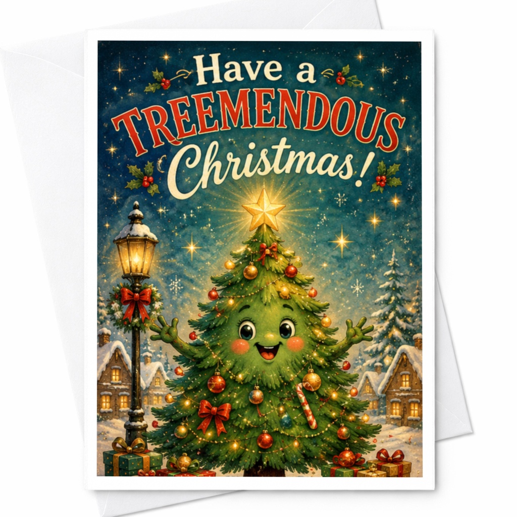 Have A Treemendous Christmas! Cute Christmas Card Festive Holiday Greeting Card For Family Friends Tree C6245