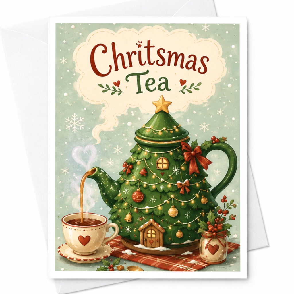 Christmas Tea Christmas Card Festive Holiday Greeting Card Cute Teapot For Tea Lovers Cozy Winter Wishes C6250
