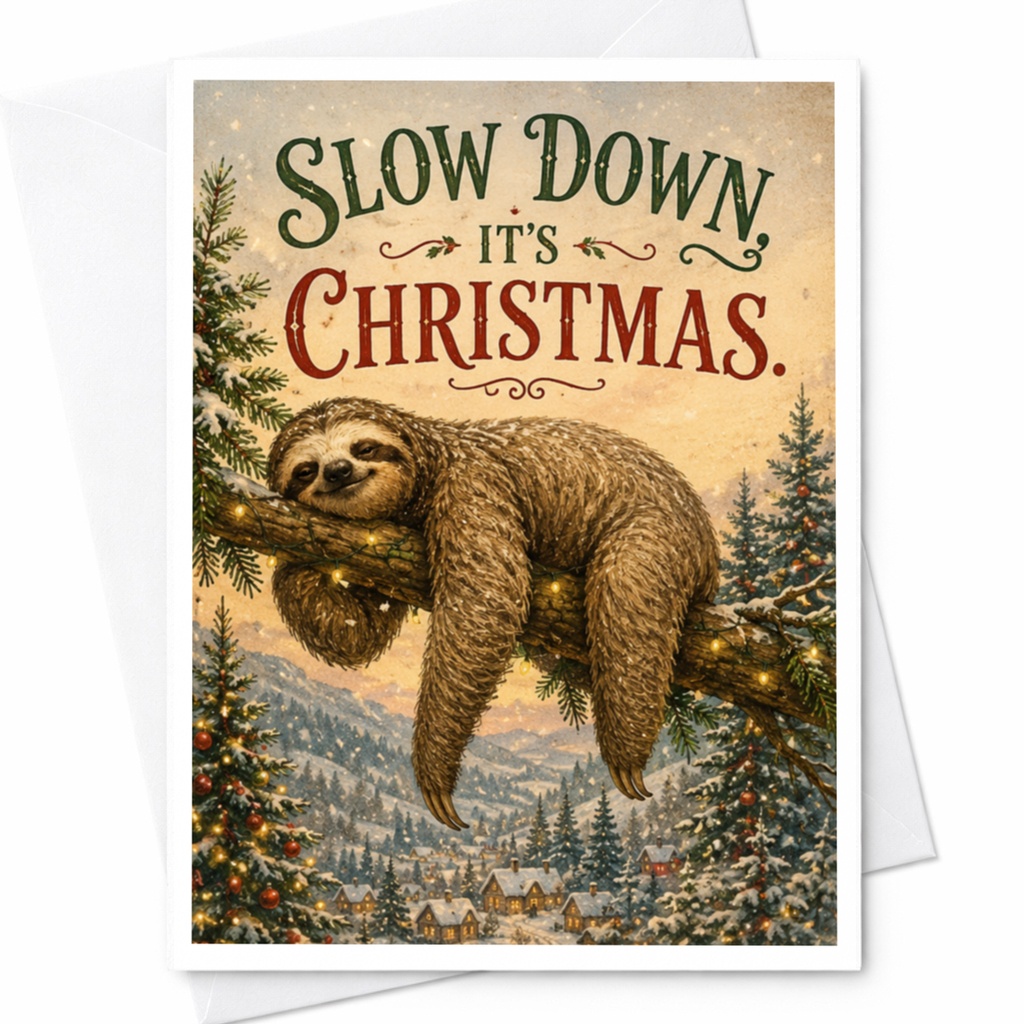 Slow Down It's Christmas Cute Sloth Christmas Card Funny Holiday Greeting Card Animal Lover Festive Winter Scene C6252