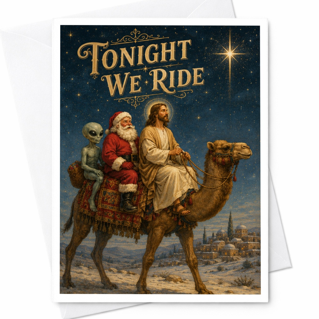 Tonight We Ride Funny Christmas Card Santa Jesus Alien Holiday Greeting Card Unique Xmas Card For Friends C6253