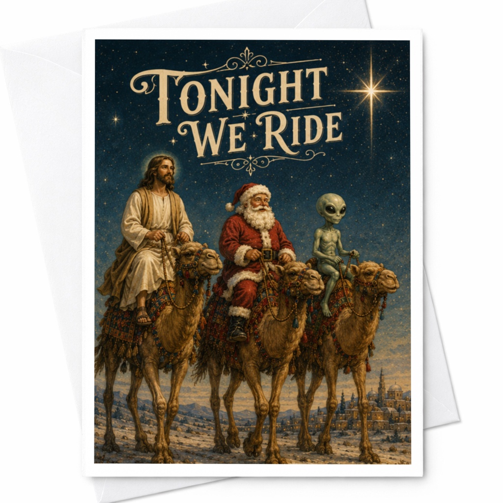 Tonight We Ride Funny Christmas Card Santa Jesus Alien Holiday Greeting Card Unique Festive Card For Friends C6255