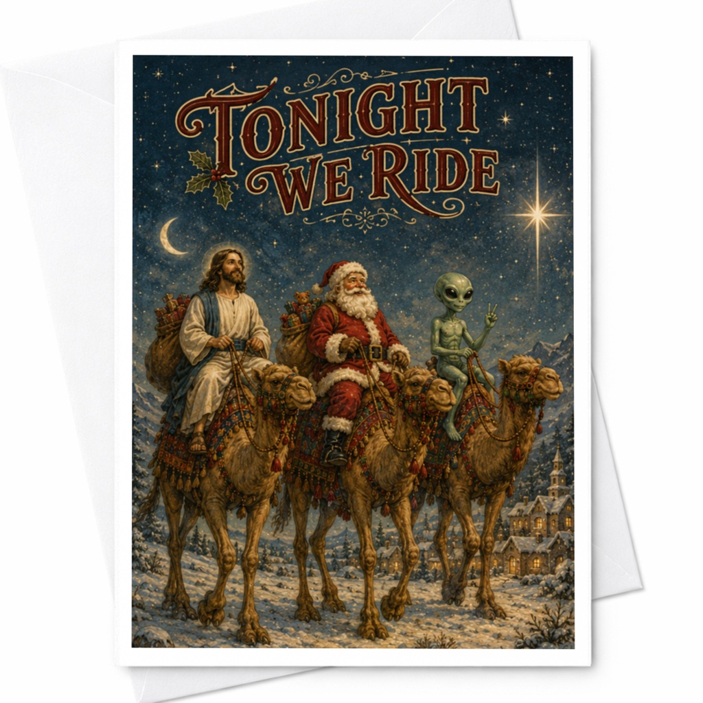Tonight We Ride Funny Christmas Card Santa Jesus Alien Camels Holiday Greeting Card Unique Xmas Card For Friends C6256
