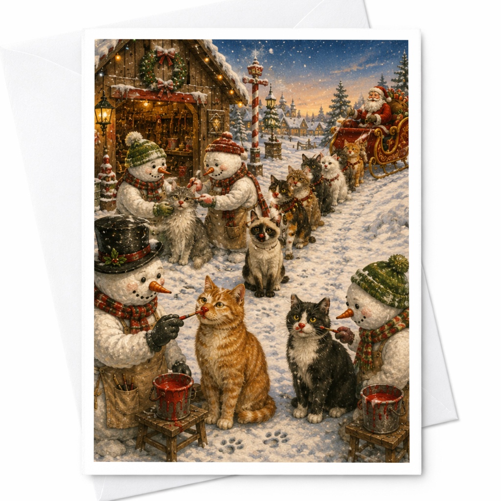 Snowmen Painting Cats Christmas Card Cute Winter Scene Holiday Greeting Card For Cat Lover Festive Animal Art Card C6257