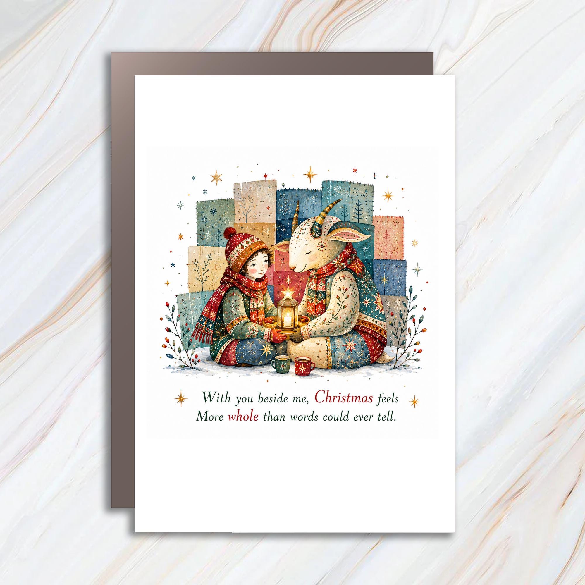 With You Beside Me Christmas Feels More Whole Christmas Card Child Goat Lantern Cozy Winter Scene Holiday Card C1382