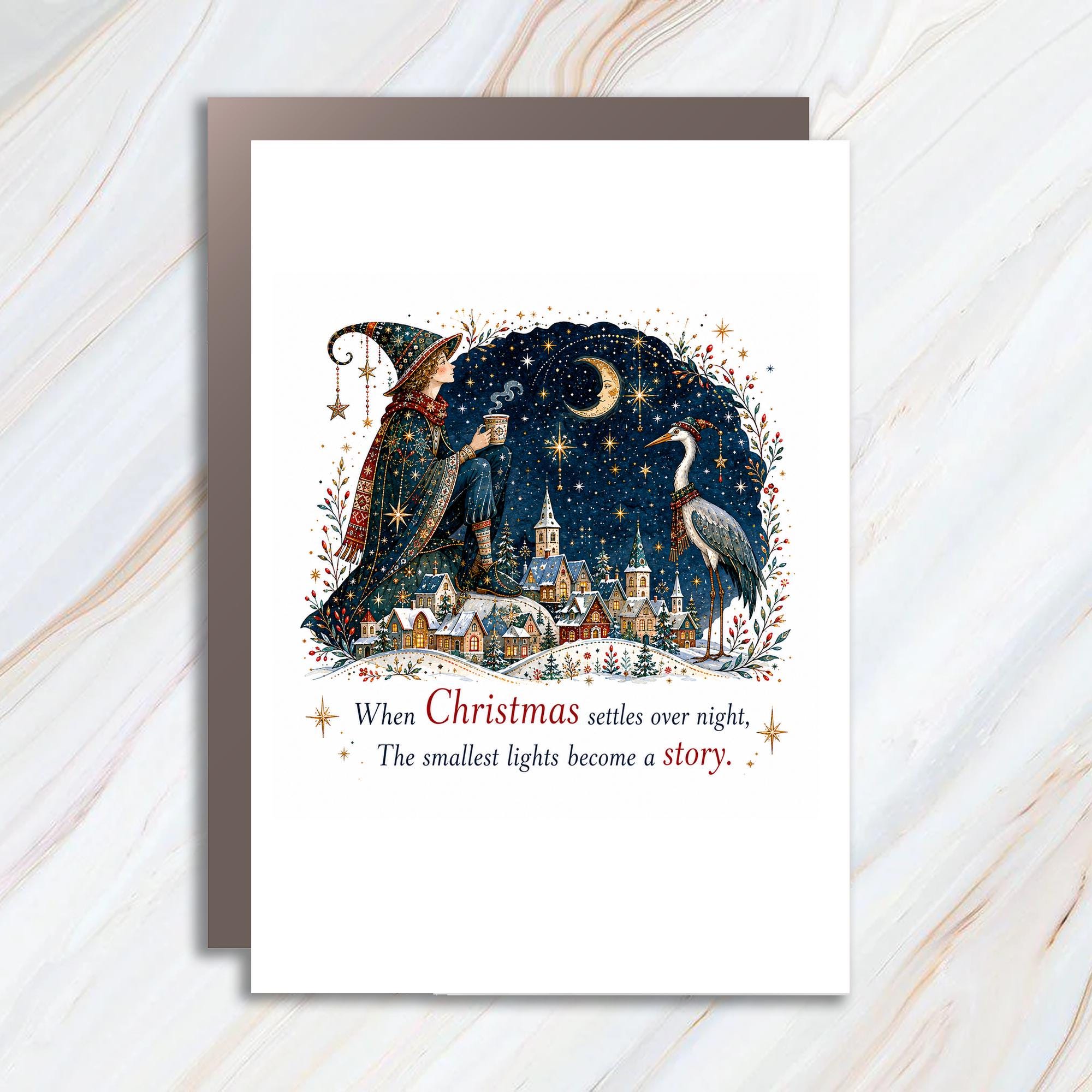 When Christmas Settles Over Night Christmas Card Whimsical Holiday Greeting Card Festive Winter Scene Magical Art C1384