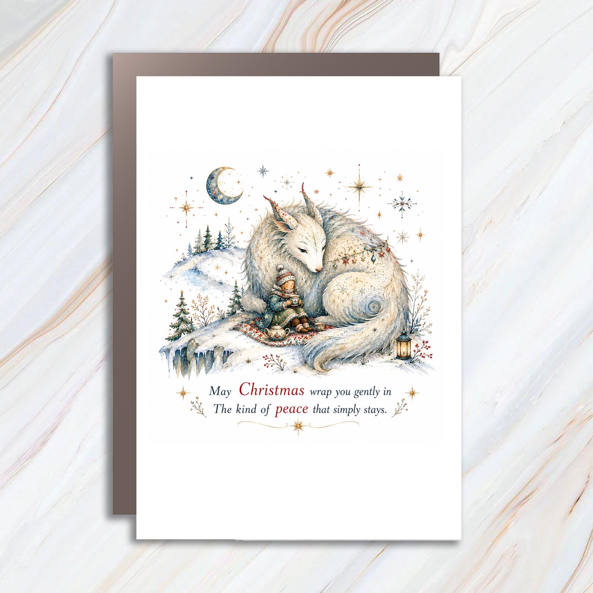 May Christmas Wrap You Gently In Peace Christmas Card Winter Scene Child Mythical Creature Holiday Greeting Card C1387