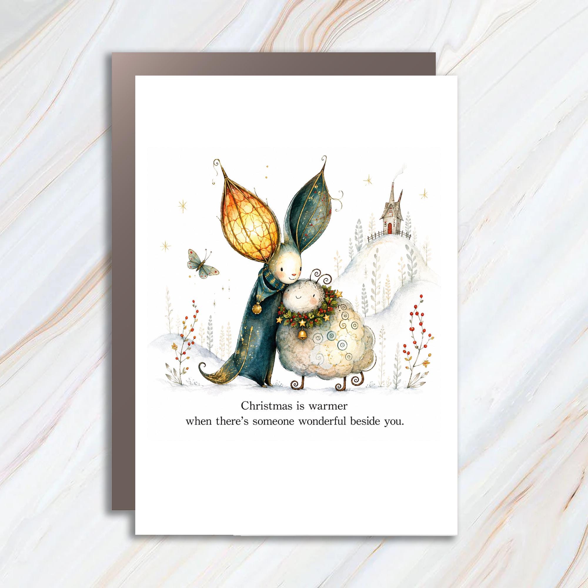 Christmas Is Warmer When There’s Someone Wonderful Beside You Christmas Card Whimsical Winter Scene Cute Holiday Greeting Card C1395
