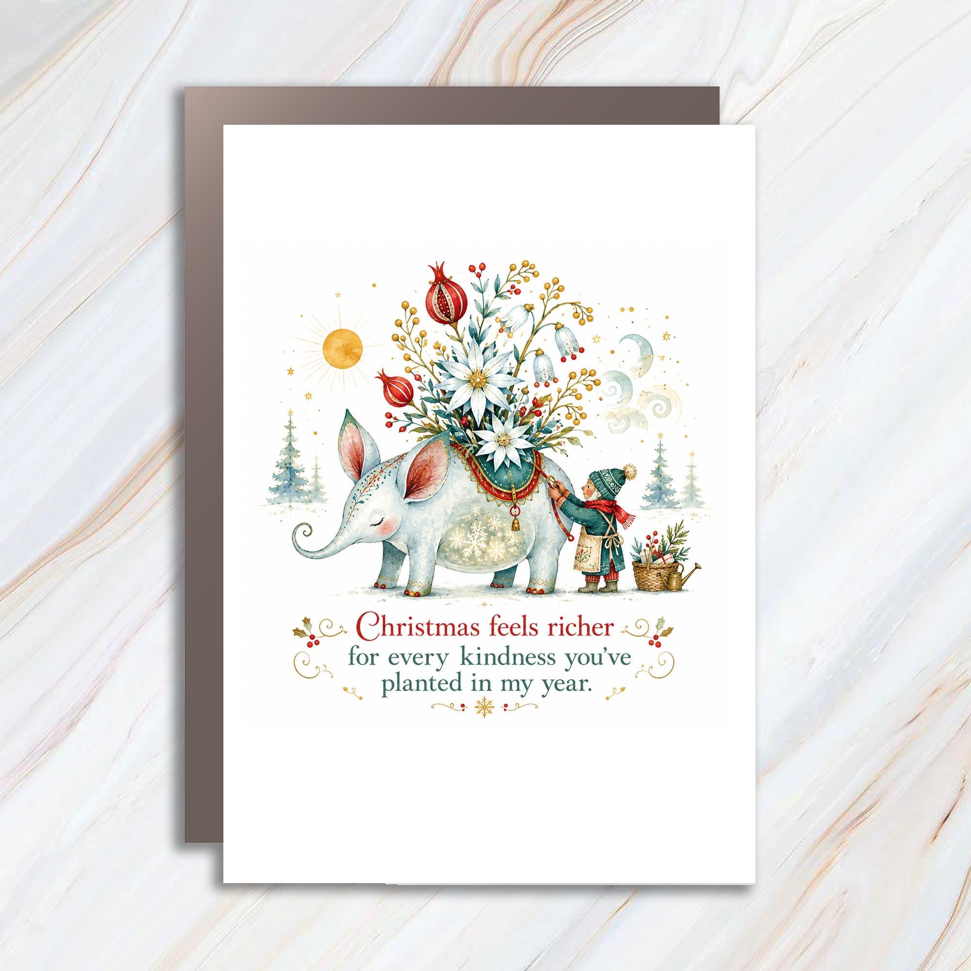 Christmas Feels Richer For Every Kindness You’ve Planted In My Year Christmas Card Cute Elephant Holiday Greeting Card For Friend C1396