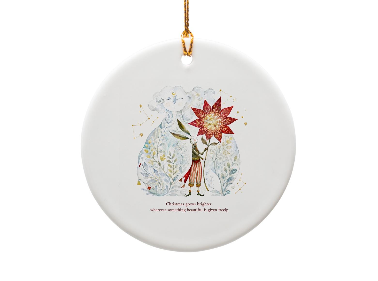 Christmas Grows Brighter Ornament Whimsical Holiday Decor Rabbit Flower Art Festive Gift For Her Unique Christmas Ornament O1389