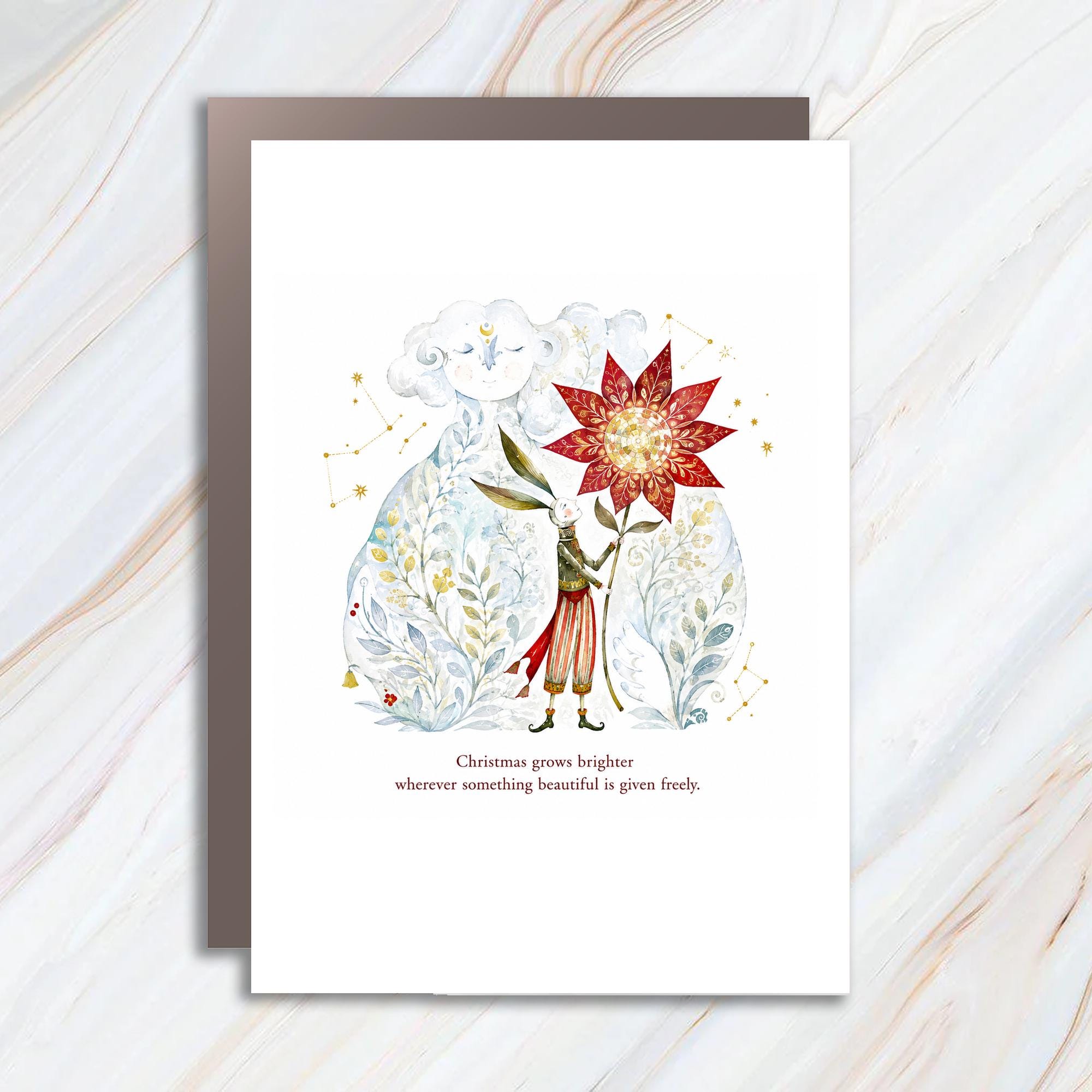Christmas Grows Brighter Whimsical Christmas Card Rabbit With Flower Holiday Greeting Card For Friends Family Cute Art C1389