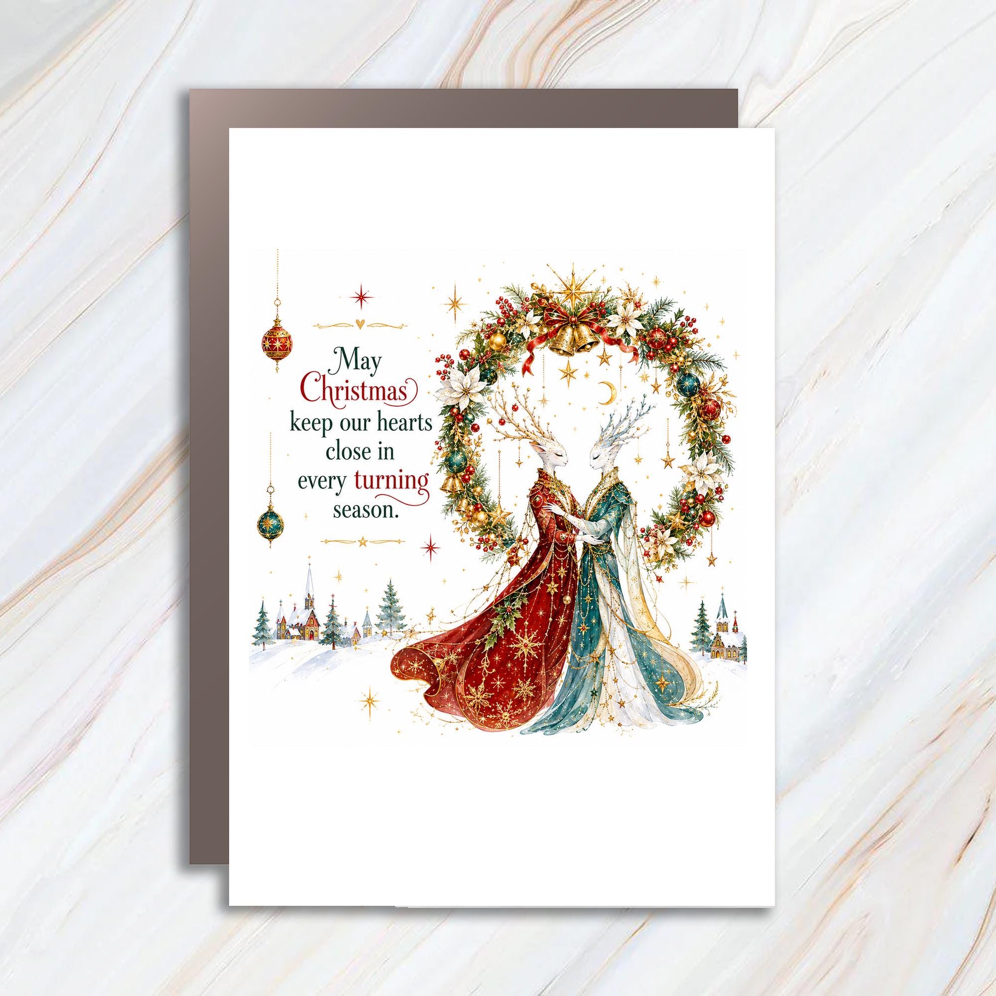 May Christmas Keep Our Hearts Close Christmas Card Elegant Deer Festive Holiday Greeting Card For Loved Ones C1404