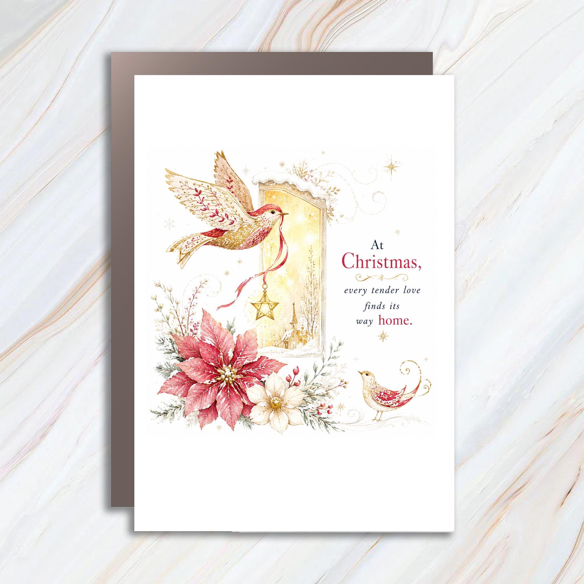 At Christmas, Every Tender Love Finds Its Way Home Christmas Card Festive Holiday Greeting Card Bird Star Poinsettia C1412