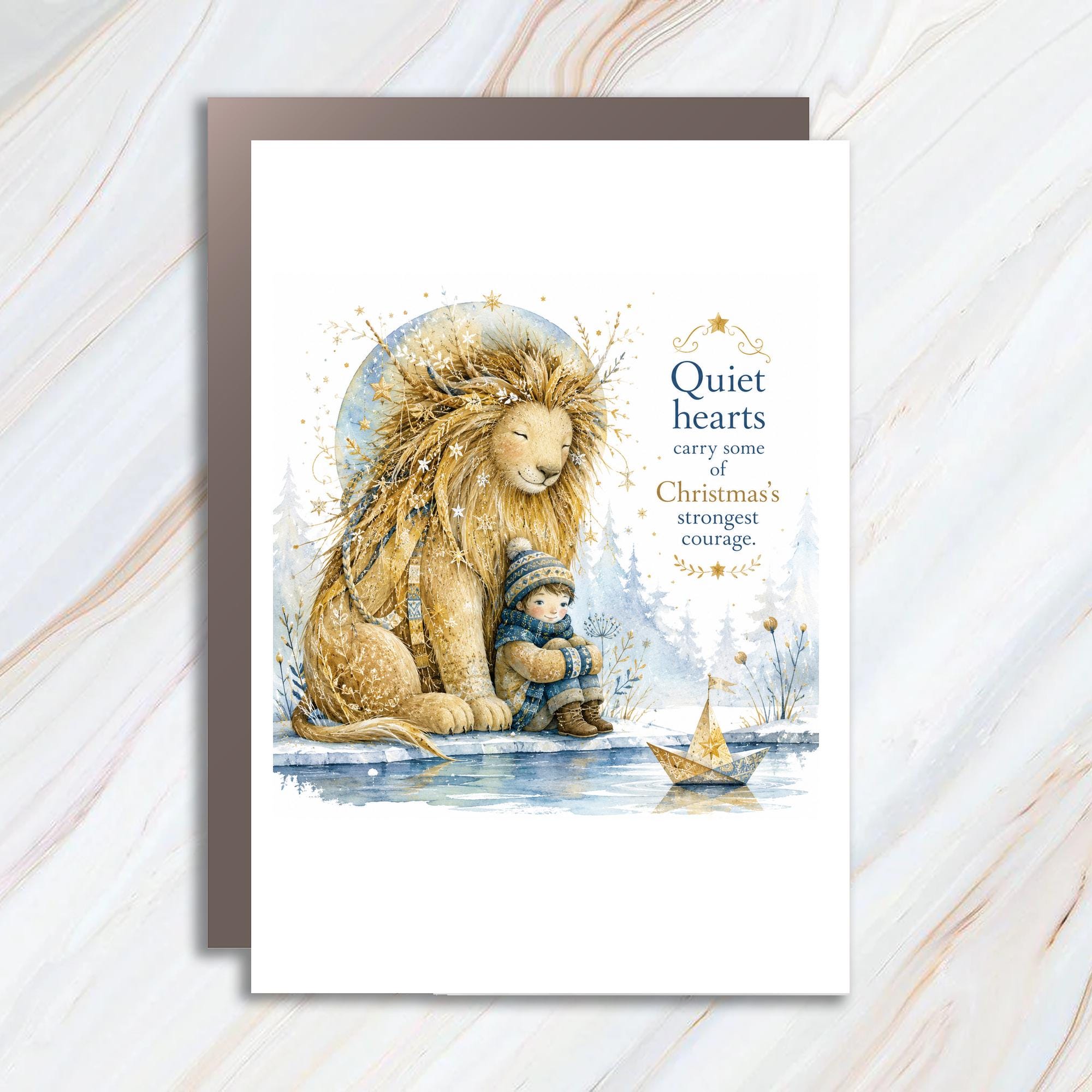 Quiet Hearts Carry Some Of Christmas's Strongest Courage Christmas Card Lion And Child Winter Scene Holiday Greeting Card C1413
