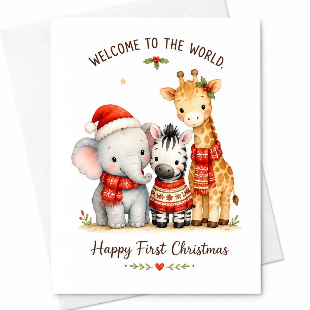 Welcome To The World Happy First Christmas Card Cute Animal Baby's First Christmas Card Elephant Zebra Giraffe Holiday Card C6258