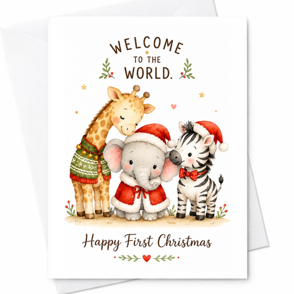 Welcome To The World. Happy First Christmas Card Cute Animal Christmas Card Baby's First Christmas Greeting Card For Newborn C6259
