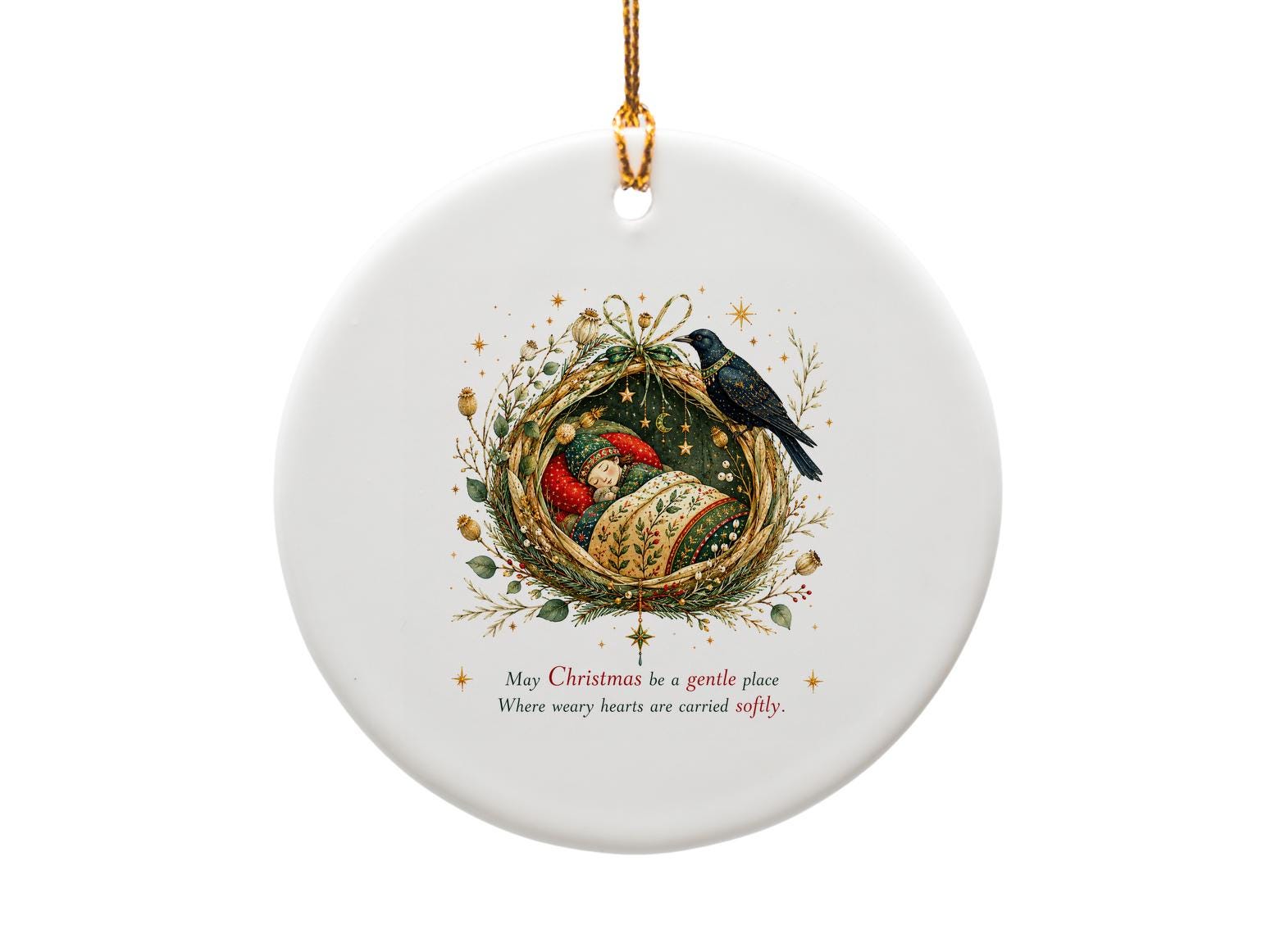 May Christmas Be A Gentle Place Ornament Holiday Decor Sleeping Child Wreath Bird Christmas Ornament Cozy Winter Decoration O1380