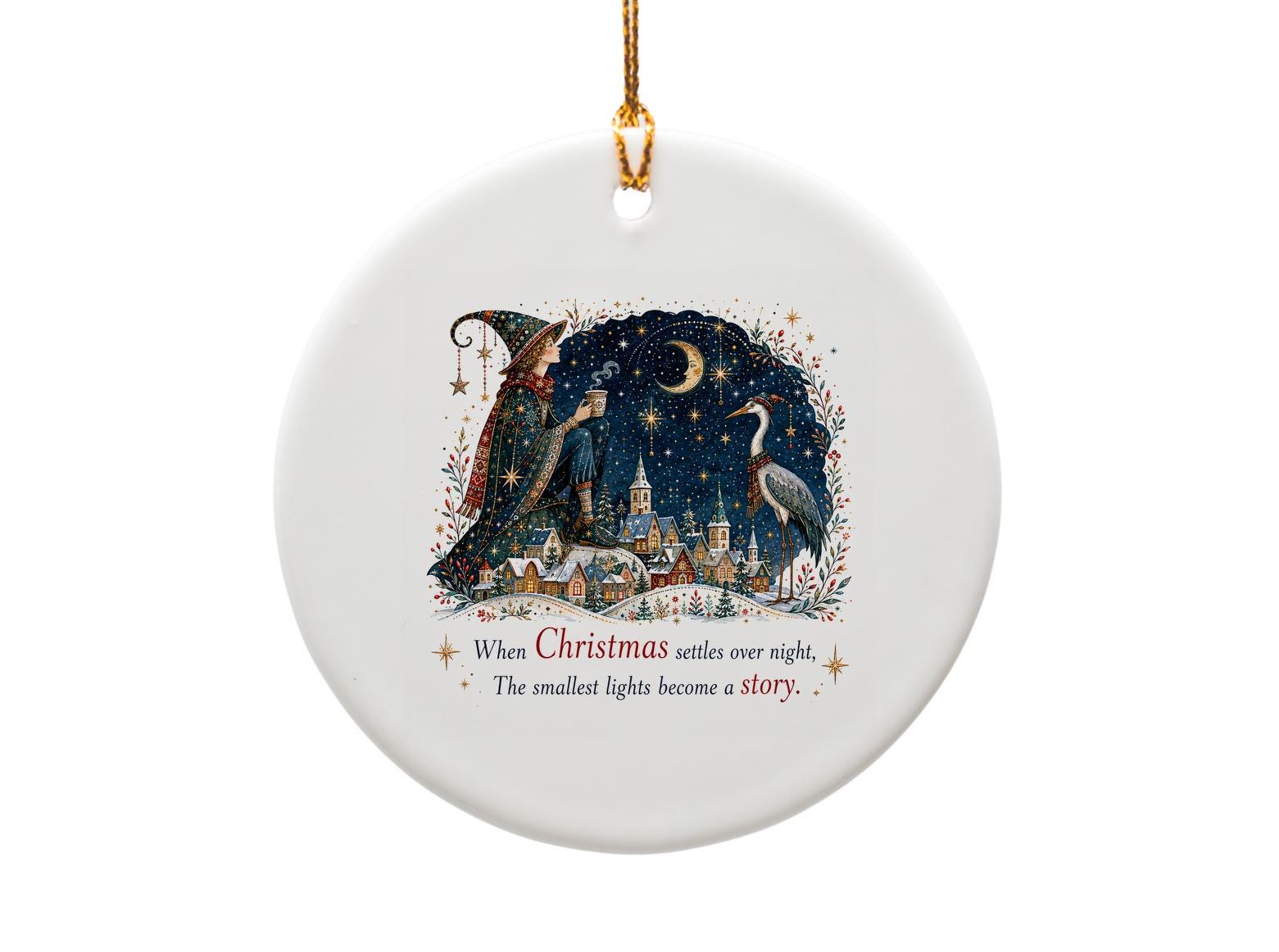 When Christmas Settles Over Night Ornament Whimsical Holiday Decor Winter Scene Wizard Heron Festive Christmas Decoration O1384