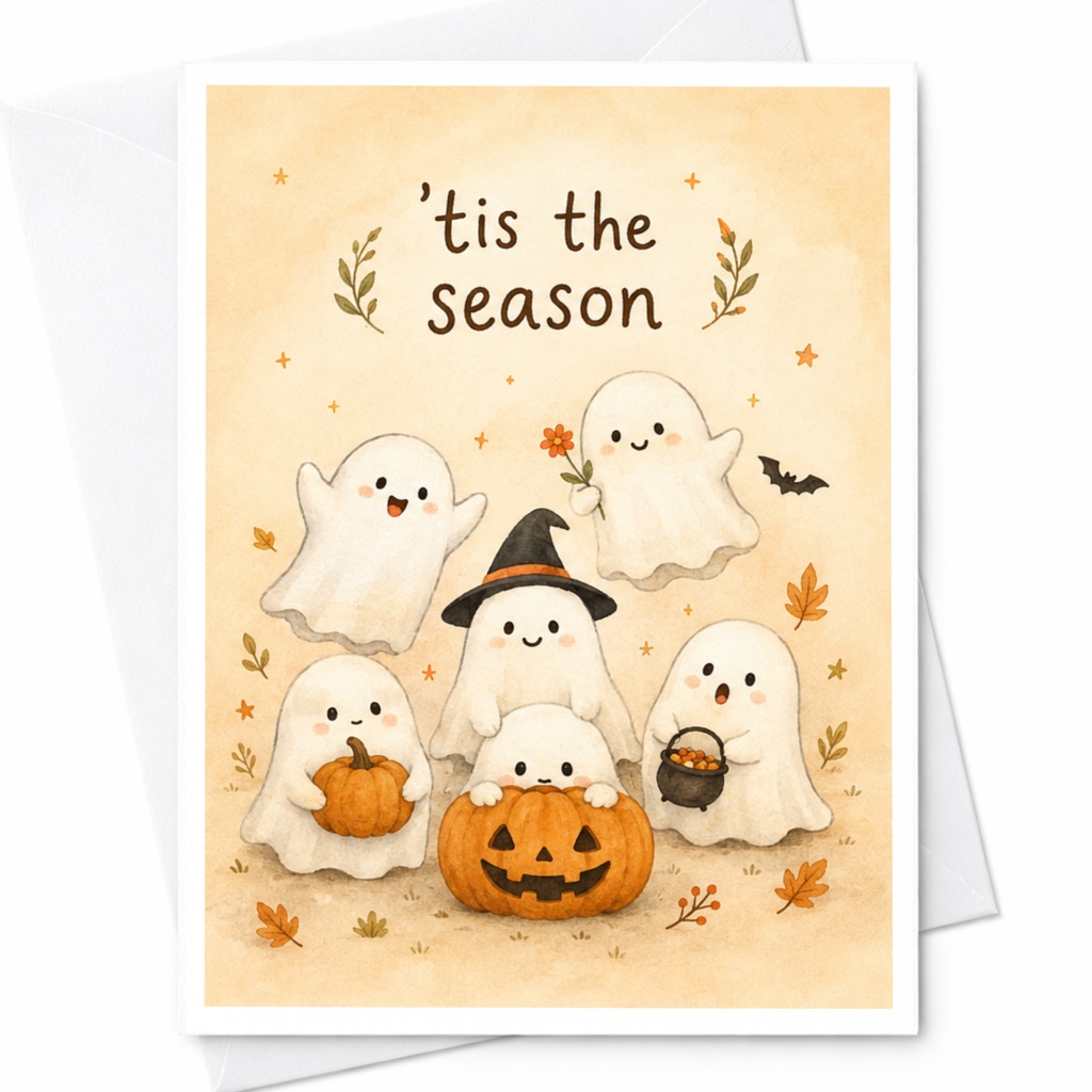 Tis The Season Halloween Card Cute Ghosts With Pumpkins Autumn Greeting Card Spooky Fall Card For Friends Family C6265