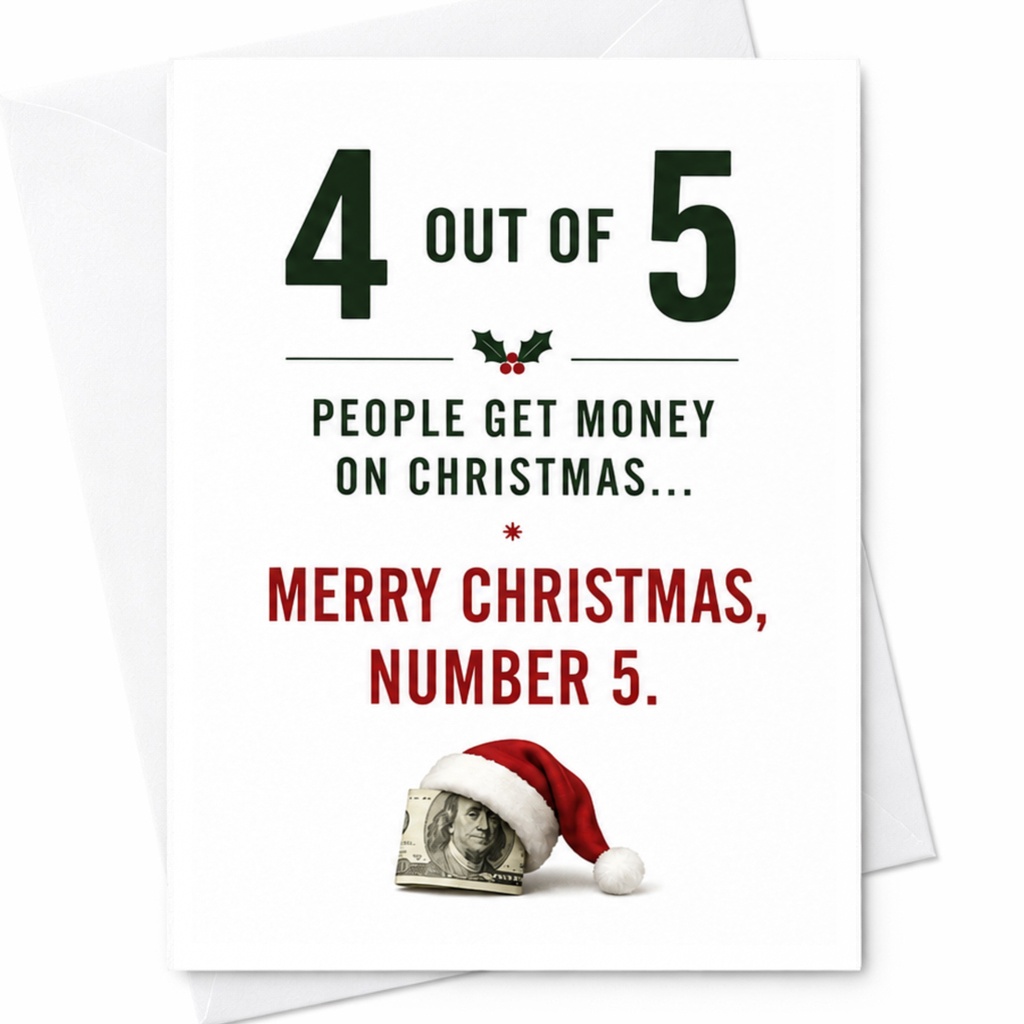 4 Out Of 5 People Get Money On Christmas... Merry Christmas, Number 5. Funny Christmas Card Holiday Greeting Card For Fri C6266