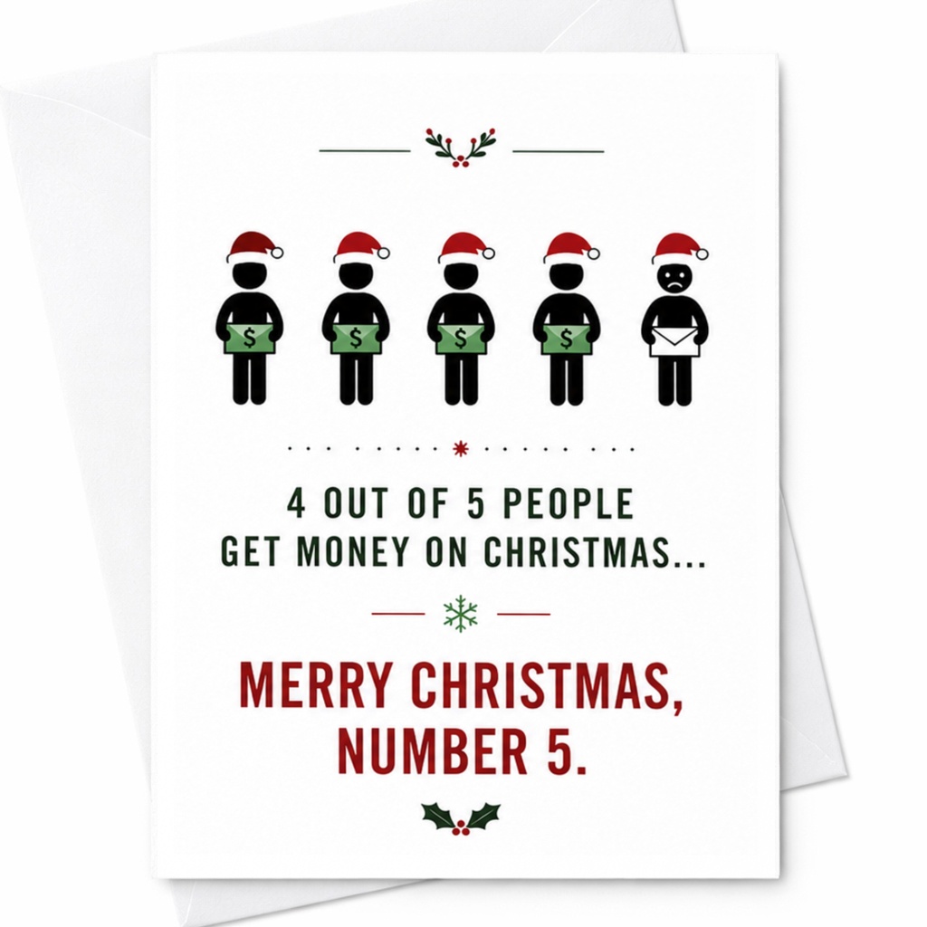 4 Out Of 5 People Get Money On Christmas... Merry Christmas, Number 5. Funny Christmas Card Holiday Greeting Card For Fri C6267