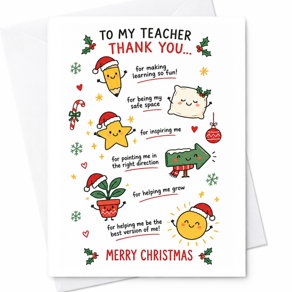 To My Teacher Thank You... Merry Christmas Cute Teacher Appreciation Christmas Card Fun Holiday Greeting Card For Teacher C6275