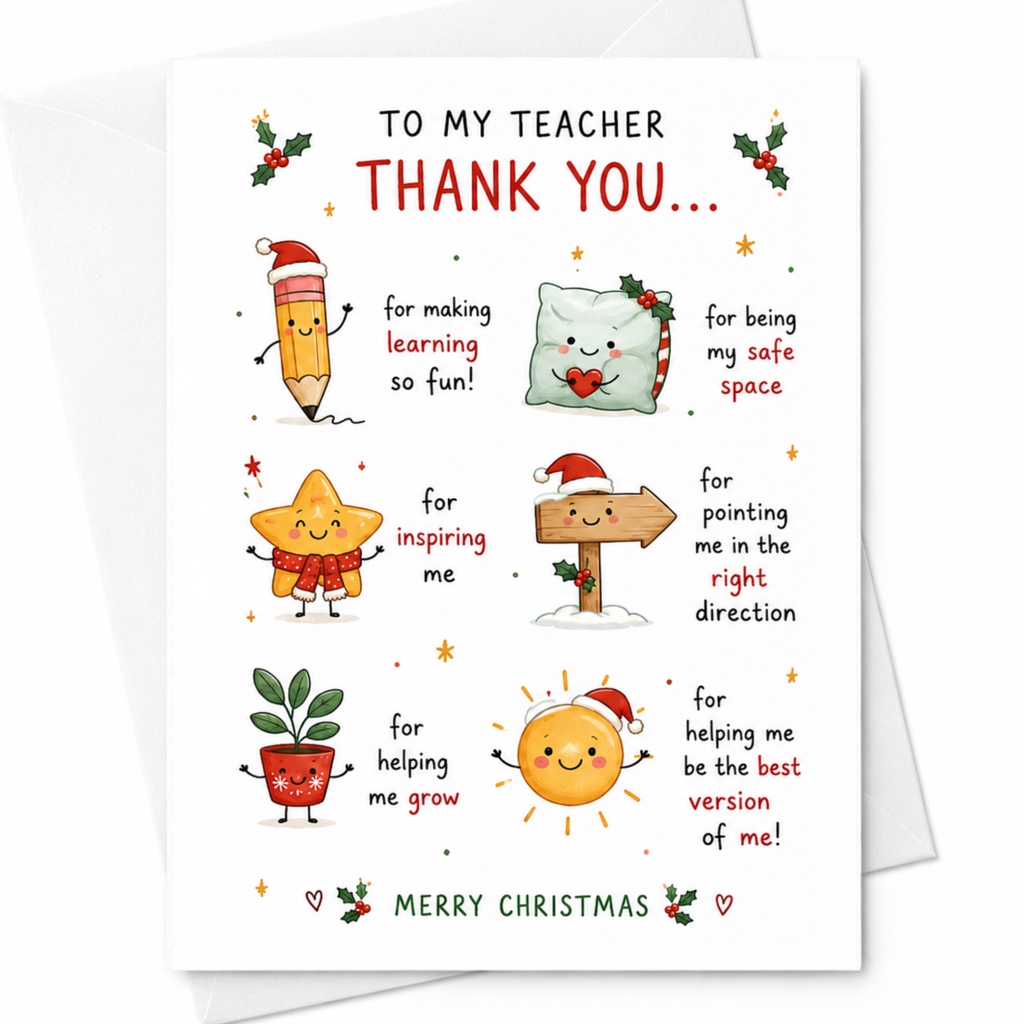 To My Teacher Thank You Christmas Card Teacher Appreciation Holiday Greeting Card Cute Festive For Educator C6276