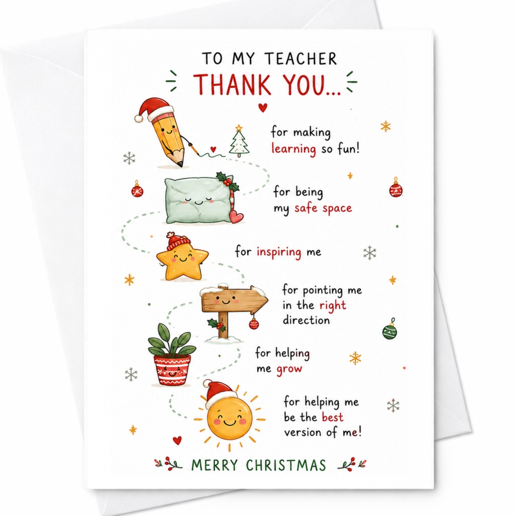 To My Teacher Thank You... Merry Christmas Teacher Appreciation Card Christmas Card For Teacher Holiday Greeting Card Cute Festive C6277