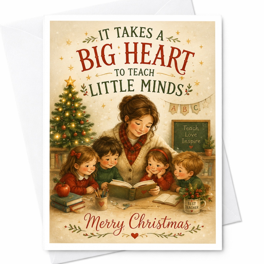 It Takes A Big Heart To Teach Little Minds Merry Christmas Teacher Christmas Card Holiday Greeting Card For Educator C6279