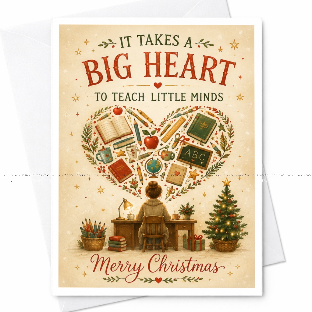 It Takes A Big Heart To Teach Little Minds Merry Christmas Teacher Card Holiday Greeting Card For Educator Cute Festive C6280