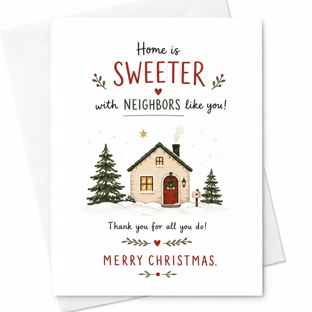 Home Is Sweeter With Neighbors Like You Christmas Card Thank You Holiday Greeting Card For Neighbor Festive Winter Scene C6283