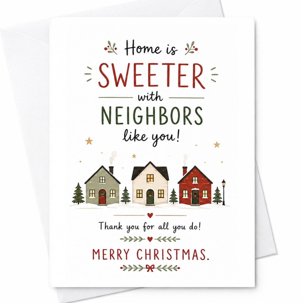 Home Is Sweeter With Neighbors Like You! Merry Christmas Card Thank You Holiday Greeting Card For Neighbor Festive Houses C6284