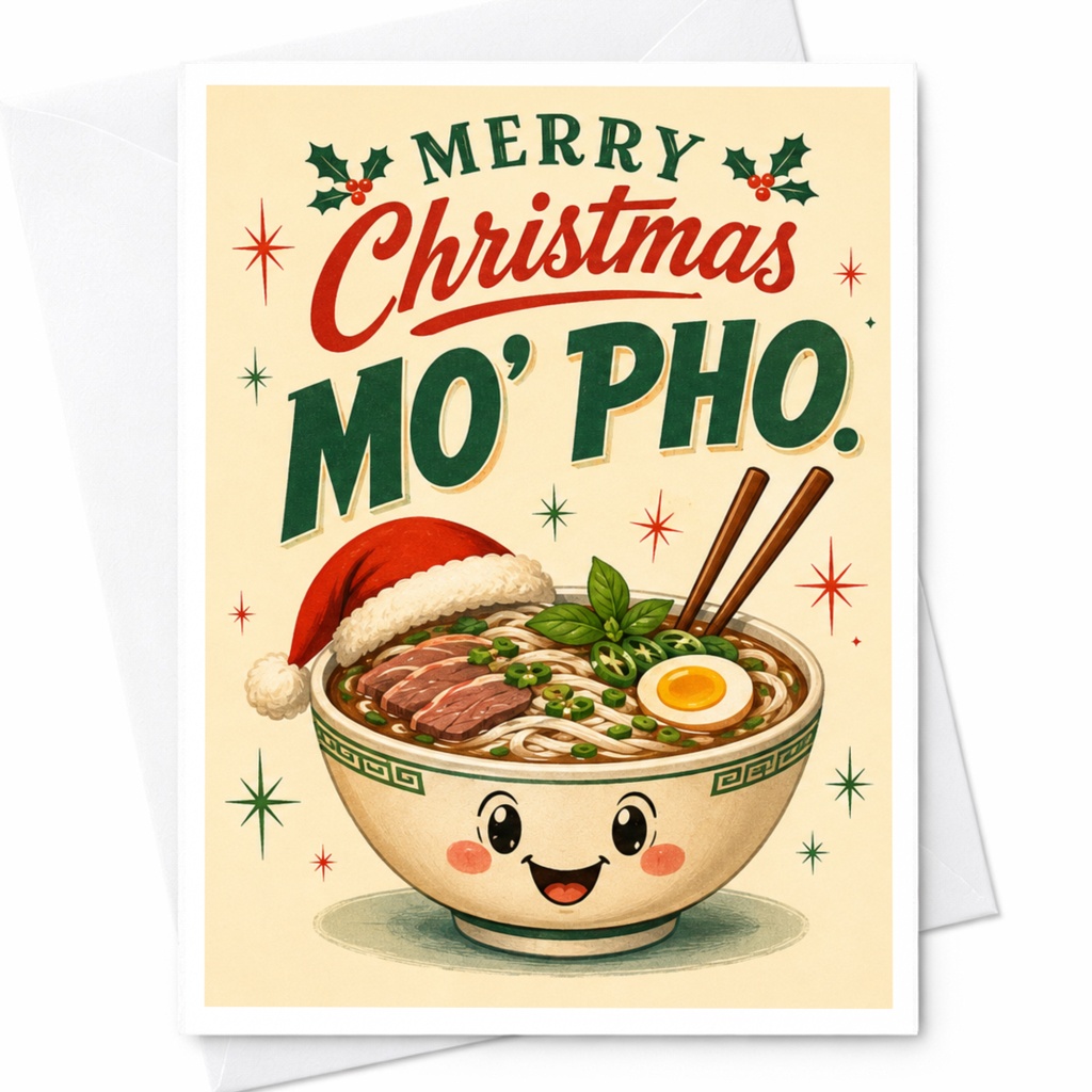 Merry Christmas Mo' Pho. Funny Christmas Card Cute Pho Bowl Holiday Greeting Card For Food Lover Xmas Card C6291